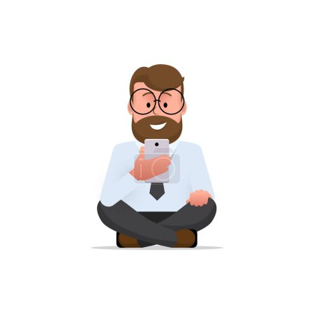 Illustration for Smiling man browses the news on a smartphone, sitting on the floor with legs crossed. Social Networking Concept. Character - a man with a beard and glasses. Illustration in flat style. Vector - Royalty Free Image