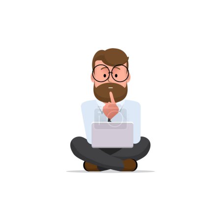 Téléchargez les photos : L'homme travaille sur un ordinateur portable. Le mâle est assis les jambes croisées avec un geste de pensée ou de pensée. Homme de caractère avec des lunettes et une barbe. Illustration en style plat. Vecteur - en image libre de droit