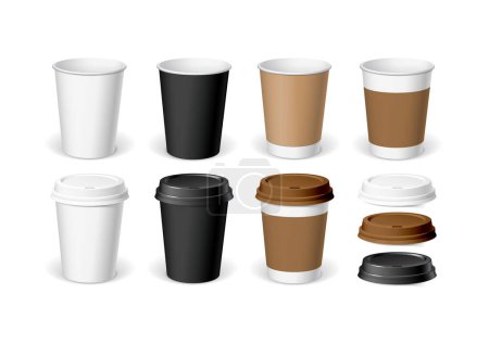 Téléchargez les photos : Ensemble de tasses à café en papier réalistes. Lunettes avec et sans couvercles. Modèle 3D pour modèle de marque. illustration vectorielle. - en image libre de droit