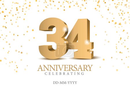 Anniversary 34. gold 3d numbers. Poster template for Celebrating 34 th anniversary event party. Vector illustration