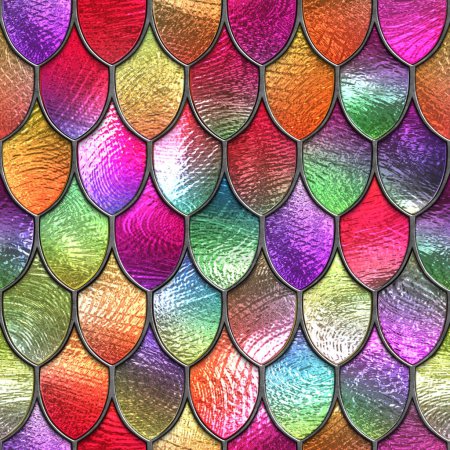Stained glass seamless texture with geometric pattern for window, colored glass, fish scales pattern, 3d illustration