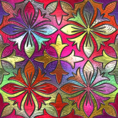 Foto de Vidrieras textura sin costuras con patrón de flores geométricas para ventana, vidrio de color, ilustración 3d - Imagen libre de derechos