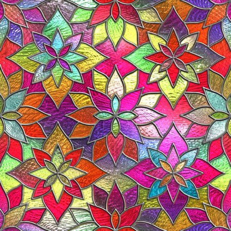 Foto de Vidrieras textura sin costuras con patrón de flores geométricas para ventana, vidrio de color, ilustración 3d - Imagen libre de derechos