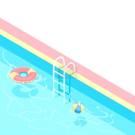 Isometrisches Schwimmbad mit Treppe und klarem Wasser. Sommerurlaub am Pool. Buntes Bild vom Sommerspaß. 