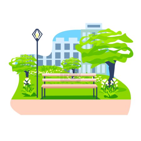 Téléchargez les illustrations : Illustration vectorielle d'un parc urbain d'été avec des arbres, un banc de parc et des lanternes sur le fond d'une grande ville avec des gratte-ciel en journée - en licence libre de droit
