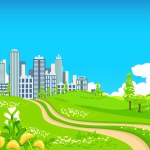 Country road to the big city. Vector illustration of a summer landscape with a road, skyscrapers, yellow dandelions and blue sky in the clouds.
