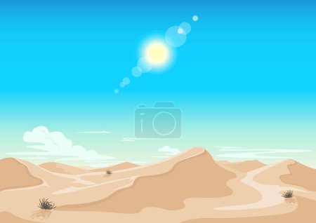 Illustration for Sandy desert, blue sky, bright sun and clouds on the horizon. Landscape horizontal background. Vector illustration. - Royalty Free Image