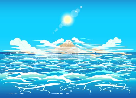 Mirage en el océano con olas y una isla inexistente en el horizonte. Ilustración vectorial surrealista.