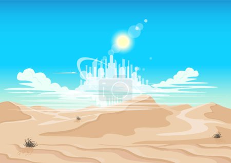 Ilustración de Un espejismo en un desierto caliente y soleado, un castillo en las nubes es visible. Ilustración vectorial de cuento de hadas surrealista. - Imagen libre de derechos