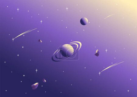 Ilustración de Vector starry sky background with planets, meteorites, stars and asteroids in cartoon style. - Imagen libre de derechos