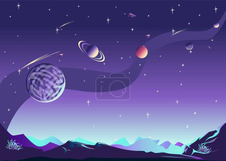 Space landscape depicting the surface of the planet in craters, starry sky and planets in cartoon style. Space horizontal vector illustration background.