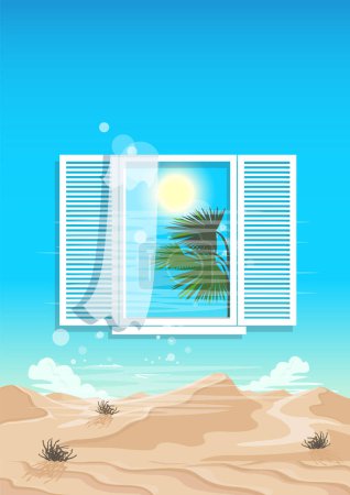 Téléchargez les illustrations : Mirage or window portal to an oasis in a hot desert with bushes. Surreal with repeating doors or windows. Vector illustration - en licence libre de droit