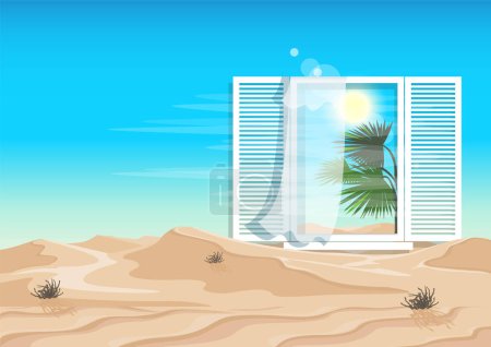 Téléchargez les illustrations : Mirage or window portal to an oasis in a hot desert with bushes. Surreal with repeating doors or windows. Vector illustration - en licence libre de droit