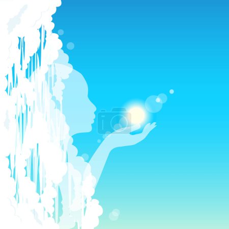 Illustration for Mirage girl in the clouds. The bright sun in the hand symbolizes Zen. Surrealism, silhouette. vector illustration - Royalty Free Image