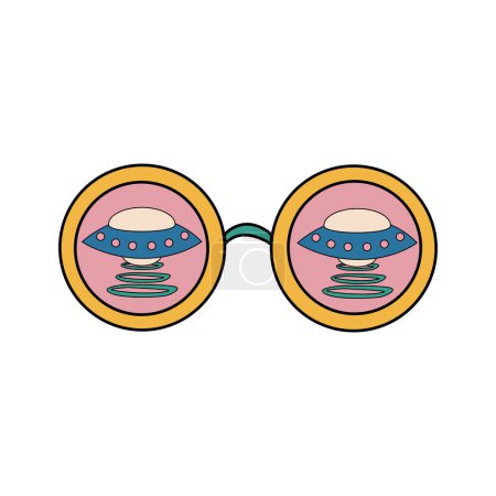 Ilustración de Gafas redondas de estilo hippie con platillos voladores dentro de las lentes. estilo hippie 60s-70s. ilustración vectorial aislada sobre fondo blanco. - Imagen libre de derechos