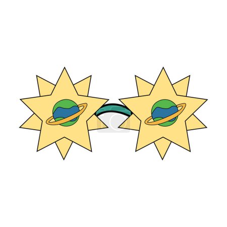 Ilustración de Gafas con borde de estrella de estilo hippie con planetas dentro de las lentes. estilo hippie 60s-70s. ilustración vectorial aislada sobre fondo blanco. - Imagen libre de derechos