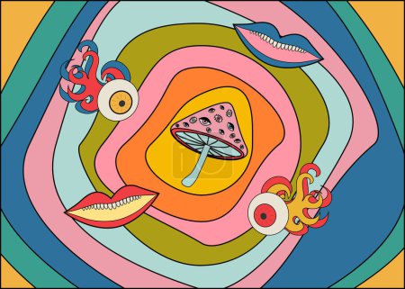 ondulé lumineux multicolore années 60-70 hippie style fond avec différents éléments plats. Illustration vectorielle.