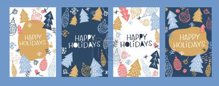 Illustration for Happy winter holidays postcard. Merry Christmas and happy new year lettering. Holly jolly set. - Royalty Free Image