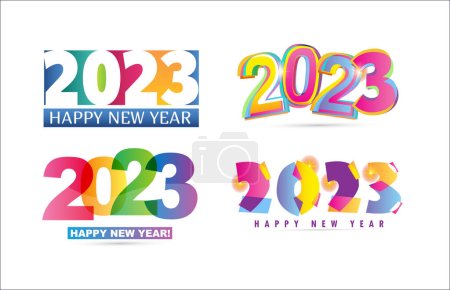 2023 Frohes Neues Jahr Logo Schriftzug Text-Design. Vorlage für das Zahlendesign 2023. Sammlung von Symbolen für das Frohe neue Jahr 2023. Vektorillustration