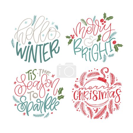 Téléchargez les illustrations : Salutations de saison. Bonne carte postale des vacances d'hiver. Joyeux Noël et bonne année lettrage. Holly Joyeux. Joyeux et lumineux. - en licence libre de droit