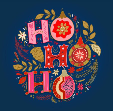Illustration for Happy winter holidays postcard. Seasons greetings.  Merry Christmas and happy new year lettering. Holly jolly. Merry and bright. - Royalty Free Image