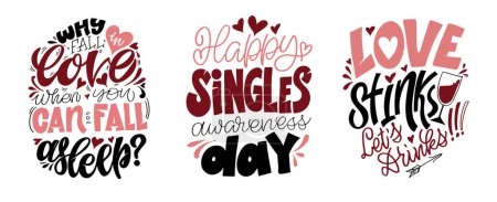 Téléchargez les illustrations : Anti-Valentine's Day postcard set. Love be be single. Vector. - en licence libre de droit