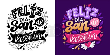Ilustración de Lettering postcard about love - in spanish. Happy Valentine'day card - hand drawn doodle lettering postcard. Heart, be mine. Vector - Imagen libre de derechos