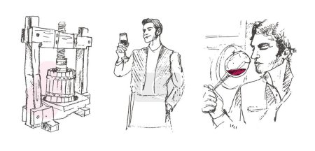 Illustration for Hand drawn Illustrations for winemaking. Man carries barrels of wine in a cart. Men carry wine barrels. The man on the boat. Confident male sommelier examining glass with wine  near the wooden shelf. - Royalty Free Image