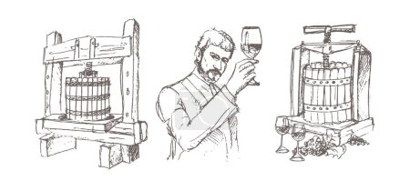 Illustration for Hand drawn Illustrations for winemaking. Man carries barrels of wine in a cart. Men carry wine barrels. The man on the boat. Confident male sommelier examining glass with wine  near the wooden shelf. - Royalty Free Image