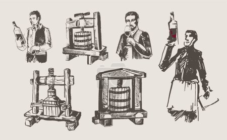 Illustration for Hand drawn Illustrations for winemaking. Man carries barrels of wine in a cart. Men carry wine barrels. Confident male sommelier examining glass with wine  near the wooden shelf. - Royalty Free Image