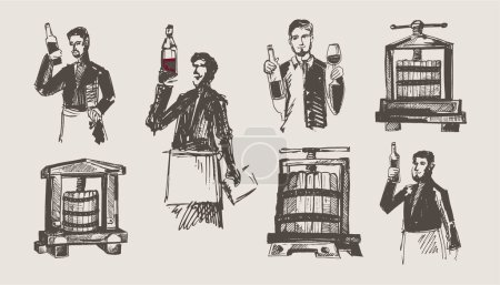 Illustration for Hand drawn Illustrations for winemaking. Man carries barrels of wine in a cart. Men carry wine barrels. Confident male sommelier examining glass with wine  near the wooden shelf. - Royalty Free Image
