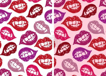 Ilustración de Fondo de patrón con labios brillantes. Chica vampiro labios con colmillos - Imagen libre de derechos