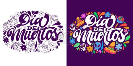 Illustration for Day of the dead vector illustration set. Hand sketched lettering 'Dia de los Muertos' for postcard or celebration design. Flowers and herbs with hand drawn typography poster. - Royalty Free Image