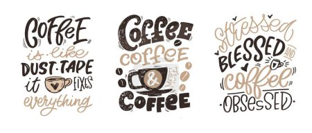 Illustration for Set with hand drawn lettering quotes in modern calligraphy style about Coffee. Slogans for print and poster design. Vector illustration. 100% vector file. - Royalty Free Image