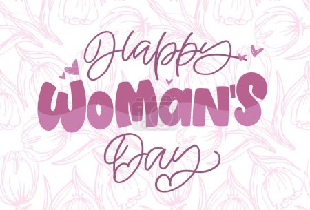 Téléchargez les illustrations : Happy Woman's Day texte comme insigne de célébration, étiquette, icône. Invitation de carte texte, modèle. Fête arrière-plan. Fichier 100 % vectoriel - en licence libre de droit