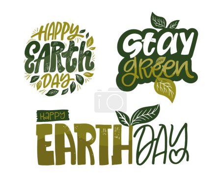 Ilustración de Feliz día de la Tierra, Respetuoso del medio ambiente, Salvar nuestro planeta, mantenerse verde - lindo dibujado a mano garabato letras de arte. Diseño de camiseta con letras, impresión de taza, archivo vectorial 100% - Imagen libre de derechos