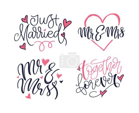 Illustration for Just married, Mr and Mrs - our wedding - lettering art set. 100% vector image. - Royalty Free Image