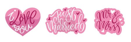Illustration for Just married, Mr and Mrs - our wedding - lettering art set. 100% vector image. - Royalty Free Image