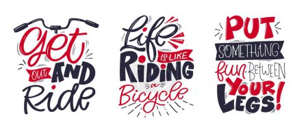 Téléchargez les illustrations : Mignon dessin à la main lettrage doodle citation sur vélo et tour. 100 % vecteur - en licence libre de droit