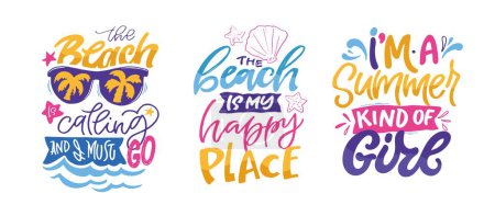 Illustration for Set with hand drawn lettering quotes in modern calligraphy style about summer. Slogans for print and poster design. 100% Vector image - Royalty Free Image