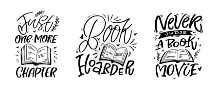 Set with hand drawn lettering quotes in modern calligraphy style about books. Slogans for print and poster design. 100% Vector image