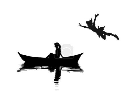 Téléchargez les illustrations : De retour à l'enfance, Peter Pan et fille. fille dans le bateau et Peter pan voler, scène - en licence libre de droit