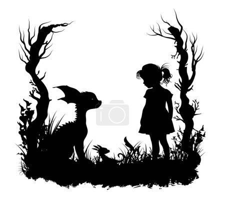 Silhouette des kleinen Mädchens und der kleinen Drachen. Vektorillustration, Märchen