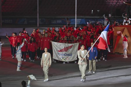 Photo for Santiago, Chile - October 20, 2023, Opening ceremony of the 2023 Pan American Games at the Julio Martinez Pradanos National Stadium, entry of athletes from Chile delegation - Royalty Free Image