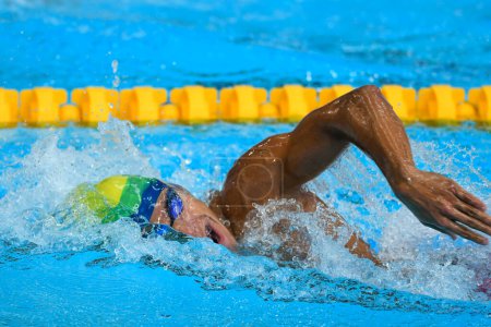 Photo for Santiago, Chile, October 25, 2023,  Alexander Steverink (BRA) during men 1500m Freestyle at the 2023 Pan American Games podiu - Royalty Free Image