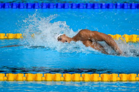 Photo for Santiago, Chile, October 25, 2023,  Guilherme Costa (BRA) during men 1500m Freestyle at the 2023 Pan American Games podiu - Royalty Free Image