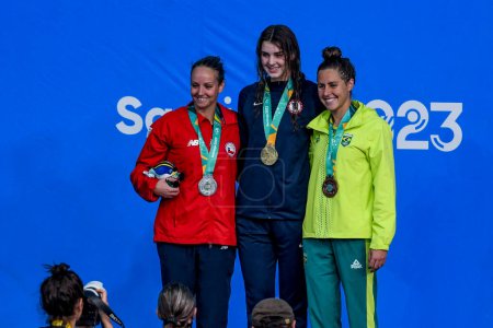 Photo for Santiago, Chile, October 25, 2023,  Rachel Stege (Gold) (USA), Kristel Kobrich (Silver) (CHI) and Viviane Jungblut (bronze) (BRA) during Women 1500m Freestyle at the 2023 Pan American Games podiu - Royalty Free Image