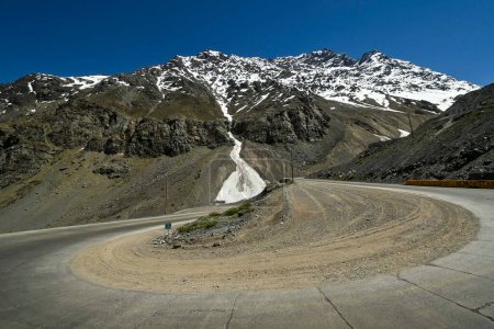 Los Caracoles desert highway, with many curves, in the Andes mountains. Way to Portillo