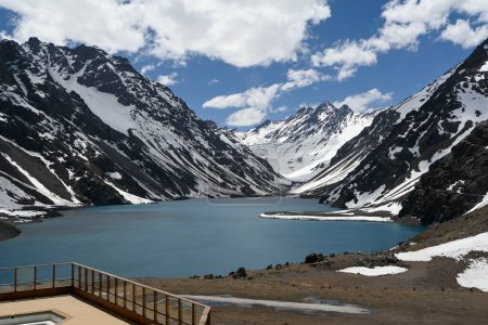 Laguna del Inca is a lake in the Cordillera region, Chile, near the border with Argentina. The lake is in the Portillo region: incredible landscape, blue sky, reflection of the water, in summer