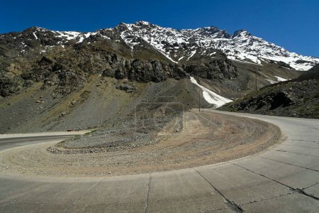 Los Caracoles desert highway, with many curves, in the Andes mountains. Way to Portillo